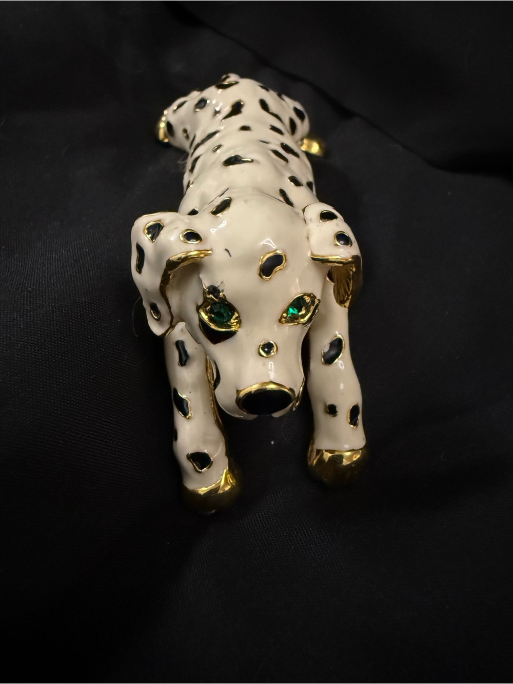 Dalmatian Dog Figurine brooch - White with Black Spots and Gold Accents